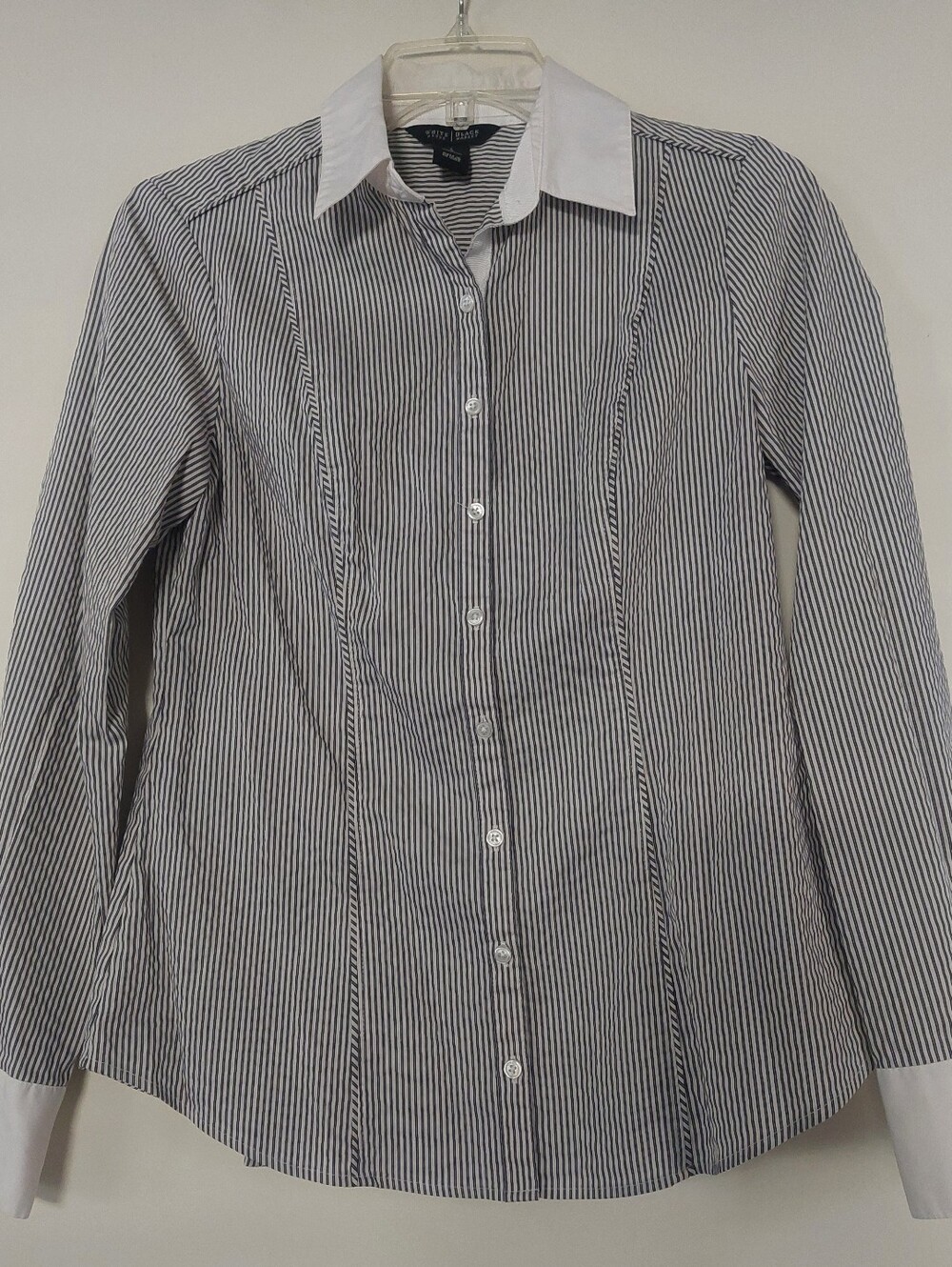 White House Black Market Black & White Striped Dress Shirt with White Collar